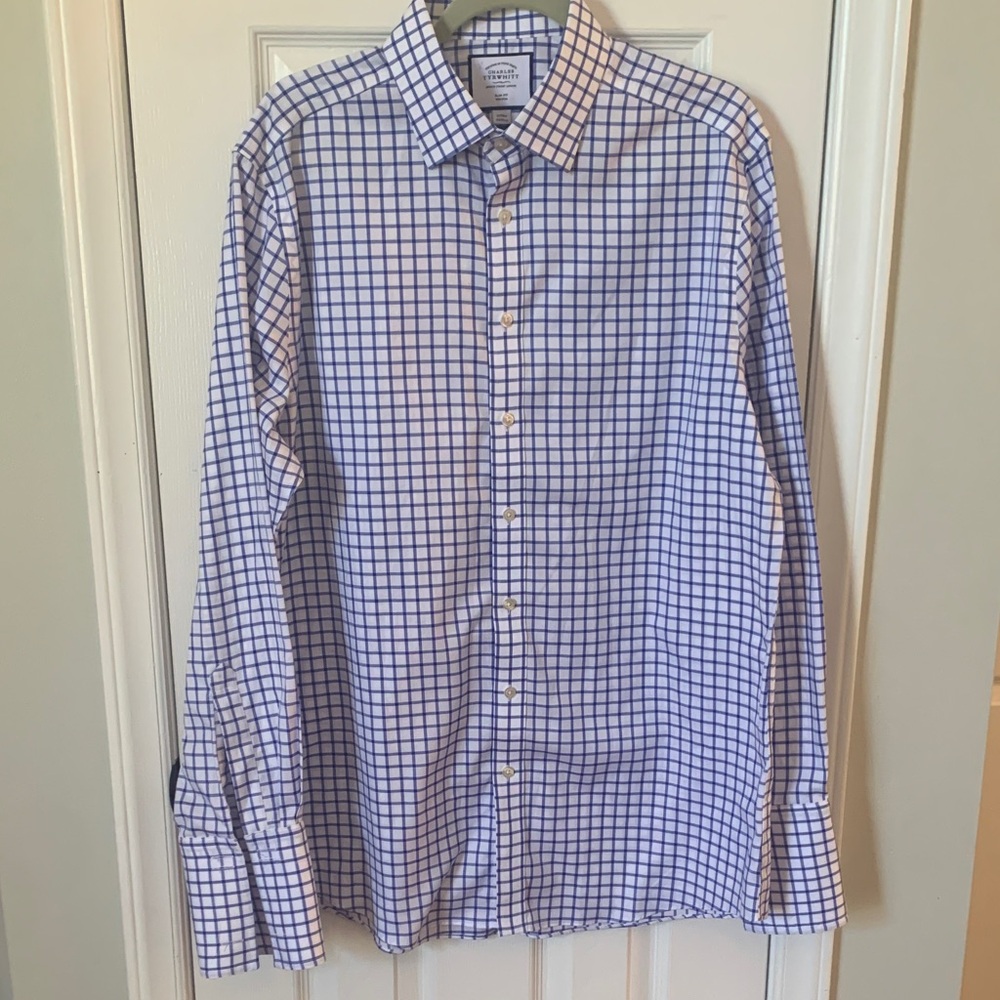 Charles Tyrwhitt Slim Fit Non-Iron Blue & White Checker Button Down Shirt 17”